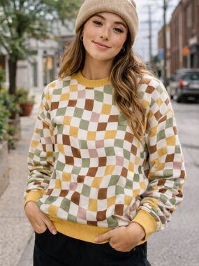 ✨ Vans Wavy Checkerboard Crewneck- Size XS- Unisex Mustard, Olive & Brown